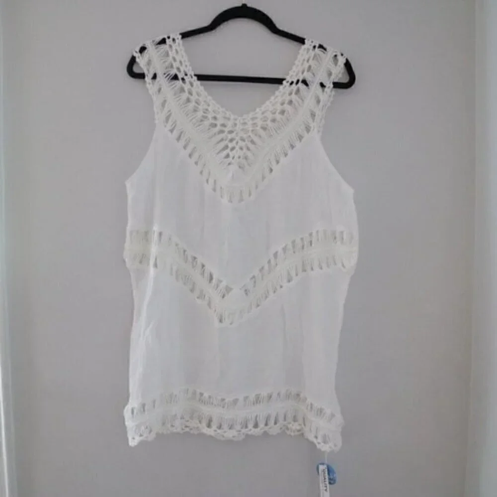NEW White Crochet Sleeveless Tunic Bathing Suit Cover Up